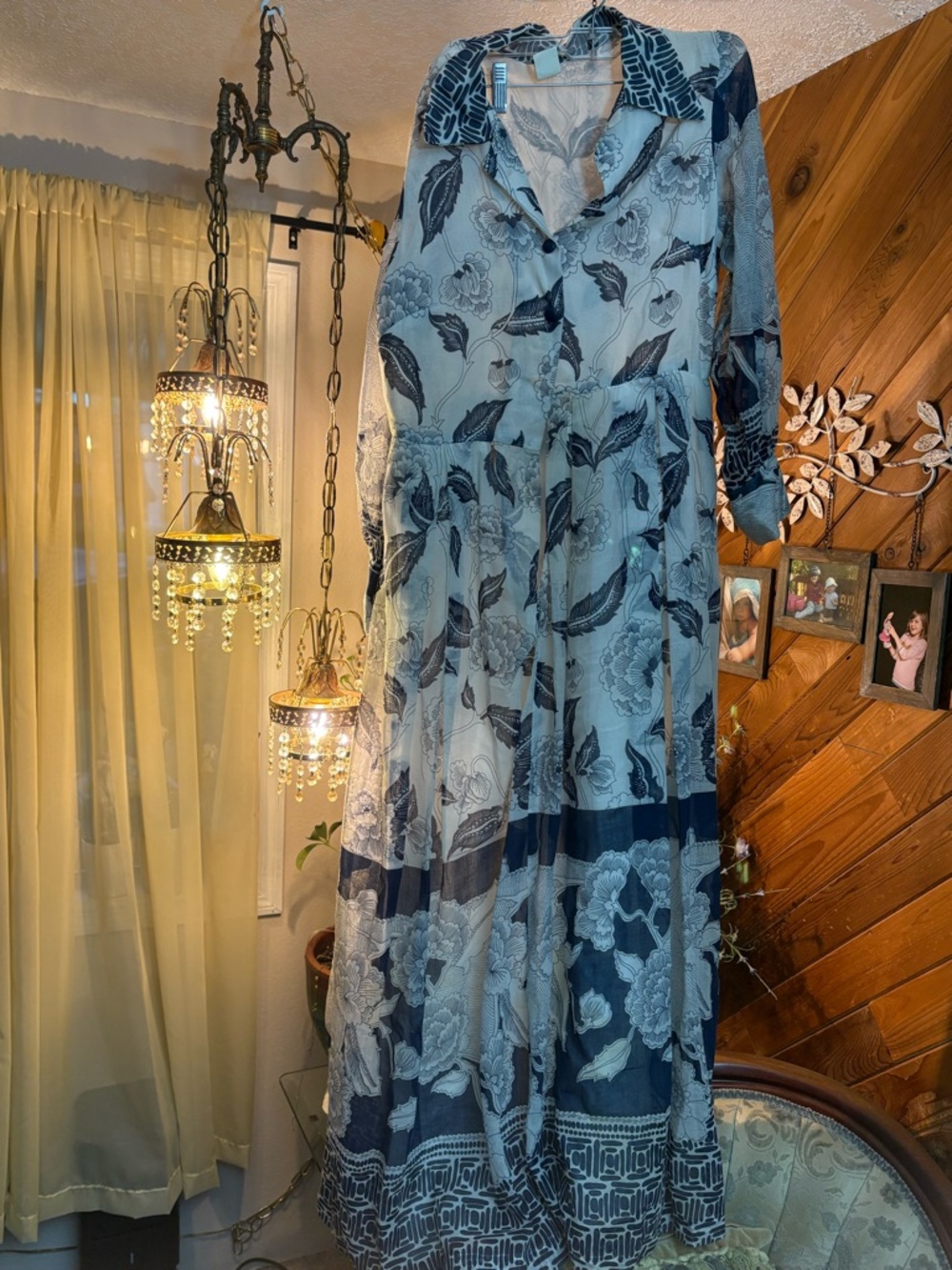 Floral Navy and White Maxi Dress with Collared Neck - Picture 4 of 4